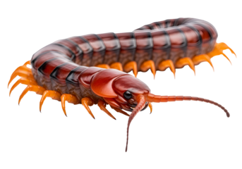 Close-up of a segmented centipede showcasing intricate patterns of reddish-brown and vibrant orange, set against a stark black backdrop.