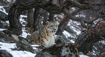 Snow leopard in mountainous terrain