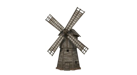 A gray wooden windmill with four sails stands against a white background