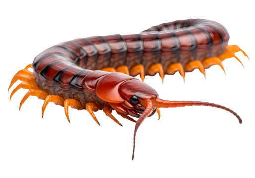 Close-up of a segmented centipede showcasing intricate patterns of reddish-brown and vibrant orange, set against a stark black backdrop.