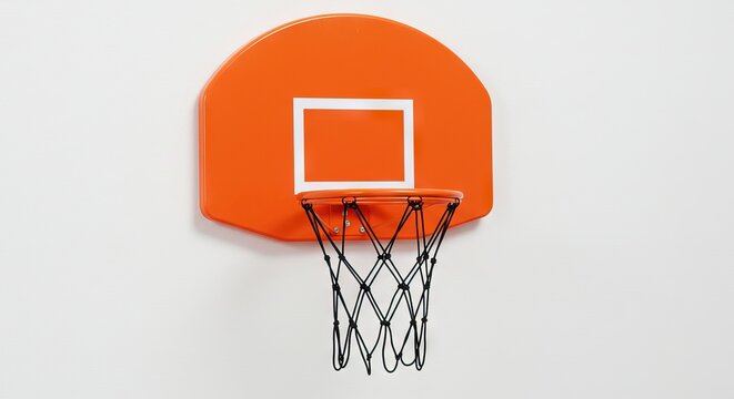 An orange mini basketball hoop with a black net is mounted on a white wall
