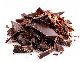 Shiny pile of dark chocolate chunks, some smaller, some larger, scattered against a bright white background, showcasing rich texture and color