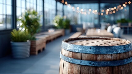 Closeup of Rustic Wood Barrel with Silver Hoops in Outdoor Seating Area Under String Lights