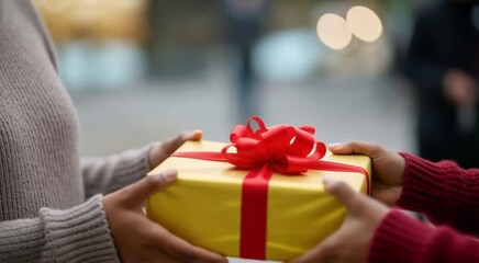 Sharing is caring as two people exchange a golden gift with a red ribbon, conveying joy and generosity perfect for holiday marketing campaigns