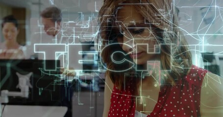 woman tapping tablet in shared office initiating circuit overlay forming floating TECH text - Powered by Adobe