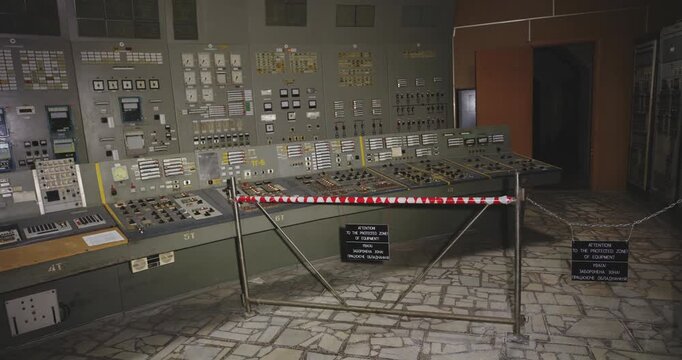 Rows Of Analog Instruments And Buttons At Chernobyl Nuclear Power Plant In Ukraine - Panning Shot