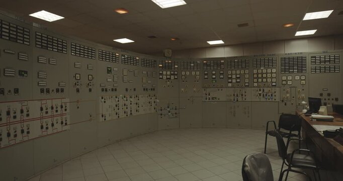 Master Control Room Of Chernobyl Nuclear Power Plant In Pripyat, Ukraine - Panning Shot