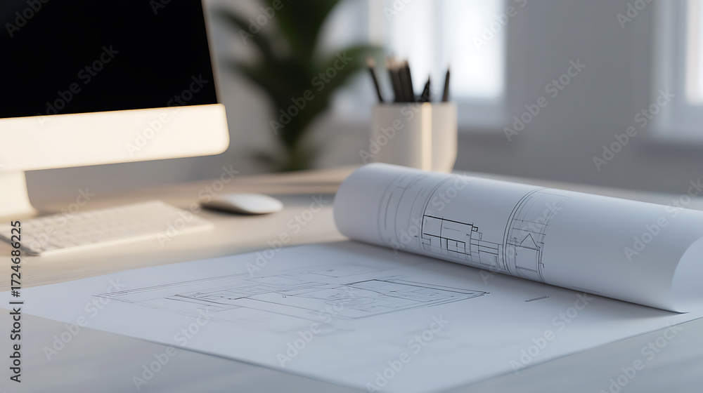 Poster architectural design workspace: blueprints on desk with computer and office supplies. focus on preci