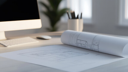 Architectural Design Workspace: Blueprints on Desk with Computer and Office Supplies. Focus on precision and creative planning in a modern office setting.
