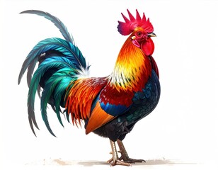 Vibrant illustration of a rooster with bright feathers, striking a proud pose against a clean white backdrop. Detailed plumage texture visible