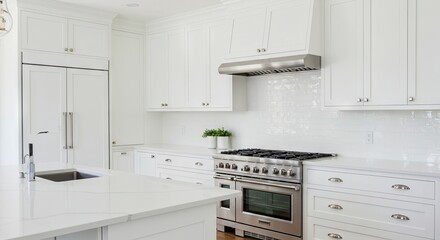 Bright kitchen wwhite cabinets stainless steel stove  island sink under white countertops