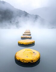 Misty mountain lake scene with a path of yellow stepping stones receding into the fog