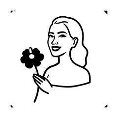 Black and white vector illustration of a beautiful woman holding a flower, minimal clean line art style