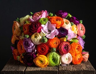 A vibrant bouquet of colorful ranunculus flowers arranged on a rustic wooden surface, against a dark background, creating a rich and textured floral still life