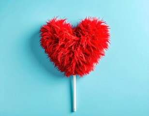 A vibrant, textured red heart, seemingly made of fluffy feathers, positioned atop a slender white stick, set against a calming, light blue backdrop