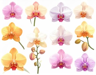 Collection of stylized orchid blossoms in various pastel hues, showcasing intricate petal details & bud formations against a white backdrop