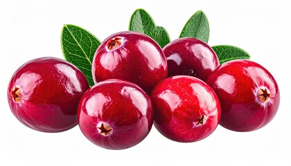 Six glossy, ripe cranberries clustered with vibrant green leaves, isolated on a white background