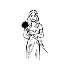 Black and white vector illustration of a beautiful woman holding a flower, minimal clean line art style