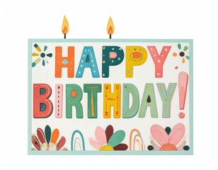 A cheerful greeting card for a birthday with two burning candles atop vibrant, stylized letters arranged on a decorated rectangular background