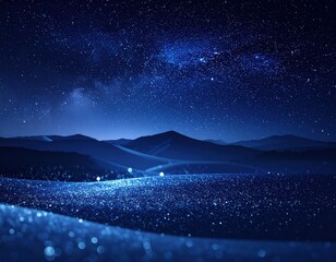 Starry night sky over rolling dunes, a celestial display casting a serene blue glow upon the landscape. Dreamy, peaceful, and ethereal