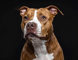 A close-up portrait of a brown and white dog against a black background. The dog's gaze is focused upwards and slightly to the right
