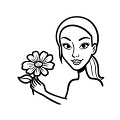 Black and white vector illustration of a beautiful woman holding a flower, minimal clean line art style