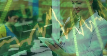 Professional woman tapping tablet initiating animated financial graphs and guiding data review - Powered by Adobe