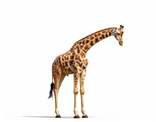 Tall giraffe standing isolated against a bright background, featuring a long neck and distinctive brown spots on tan