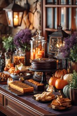 Naklejka premium Halloween dessert table with cupcakes, cookies, and candles on spooky decor background. Halloween dessert table setup, trick-or-treat setup, Halloween festive snack