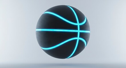 Black basketball with glowing blue lines on a light grey background casting a faint shadow