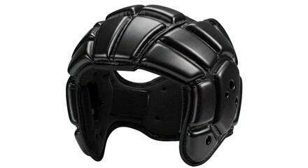 Black scrum cap thick padded helmet with ear protection and smooth glossy surface on a white backdrop