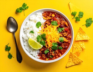 Top-down view of a bowl filled with chili, rice, cheese, lime, garnished with cilantro, surrounded by chips and a spoon on yellow