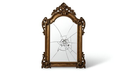 A Victorian ornate gold mirror with a spiderweb crack in the glass, isolated on a plain white background