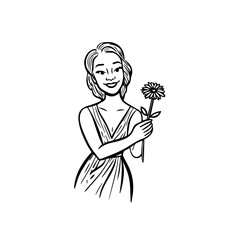 Black and white vector illustration of a beautiful woman holding a flower, minimal clean line art style