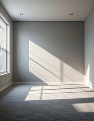 Sunlit empty room with gray walls, carpet, window, and recessed lighting