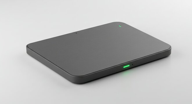 Gray brushedmetal portable hard drive on a light surface with two green indicator lights