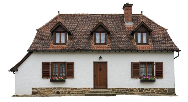 A quaint white cottagestyle house featuring dormer windows brown shutters and a redtiled roof stands isolated on a white background