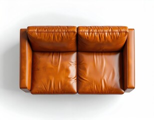 Top-down view of a caramel-colored leather loveseat against a white background, casting a faint shadow, highlighting texture and seams