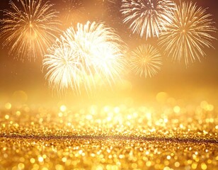 Golden fireworks light up the night sky above a shimmering, glittery foreground. Bokeh lights create a festive, celebratory scene