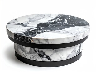 A round marble platform with black accents, providing a minimalistic and elegant display surface on a white background