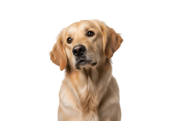 A golden retriever, head and upper body, presented against a black backdrop, displays a thoughtful expression.