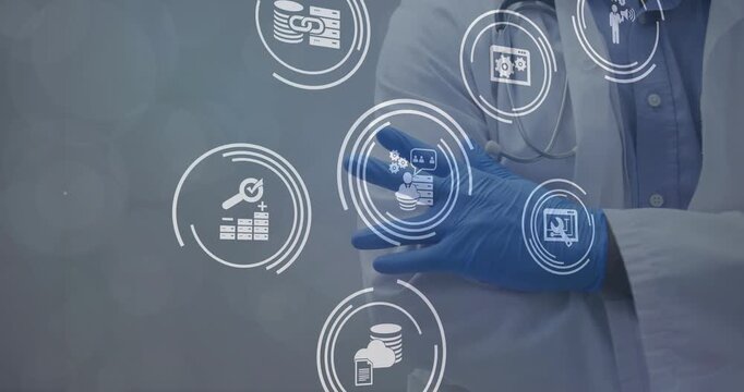 Healthcare professional superimposing icon on gloved hands expanding rotating data finance network