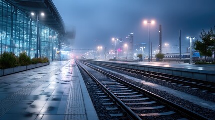 Modern Railway Station at Night with Wet Platform and Blue Lighting