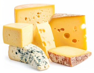 A variety of cheese types piled in an appetizing group on a white surface. Various shapes, colors, and textures of dairy goodness