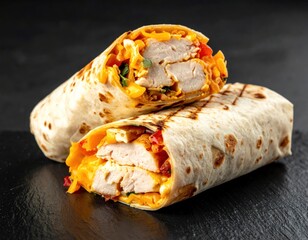 A sliced wrap reveals layers of grilled chicken, orange cheese, and colorful veggies, all nestled in a toasted tortilla on a dark background