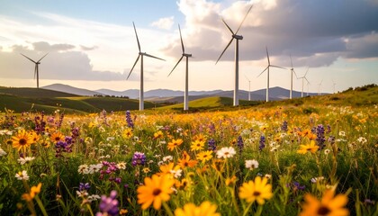 Wind Turbines in Flowering Meadow Harnessing Renewable Green Power and Clean Sustainable Energy for a Better Eco Friendly Planet Future

