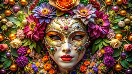 An artistic and ornate venetian mask adorned with flowers and intricate details, creating a sense of mystery and elegance for a masquerade ball or carnival