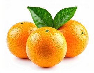 Three bright orange citrus fruits, with vibrant green leaves, clustered closely together on a stark white background under bright studio lighting