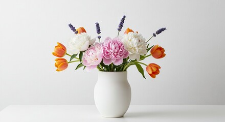 A white vase holds a vibrant bouquet of tulips peonies and lavender against a bright neutral background