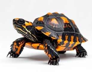 A vibrant orange and black turtle rests on a white background, showcasing its patterned shell and textured skin in sharp detail